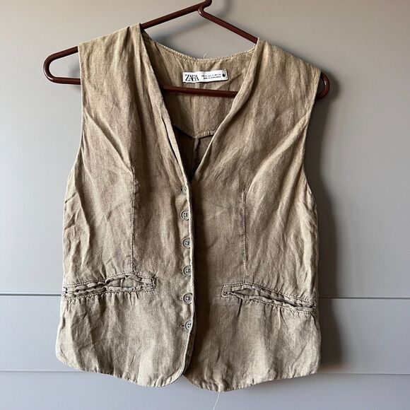 Zara Womens Linen Vest Size XS Brown Button V-Neck Classic Elegant Quiet Luxury - Picture 1 of 7